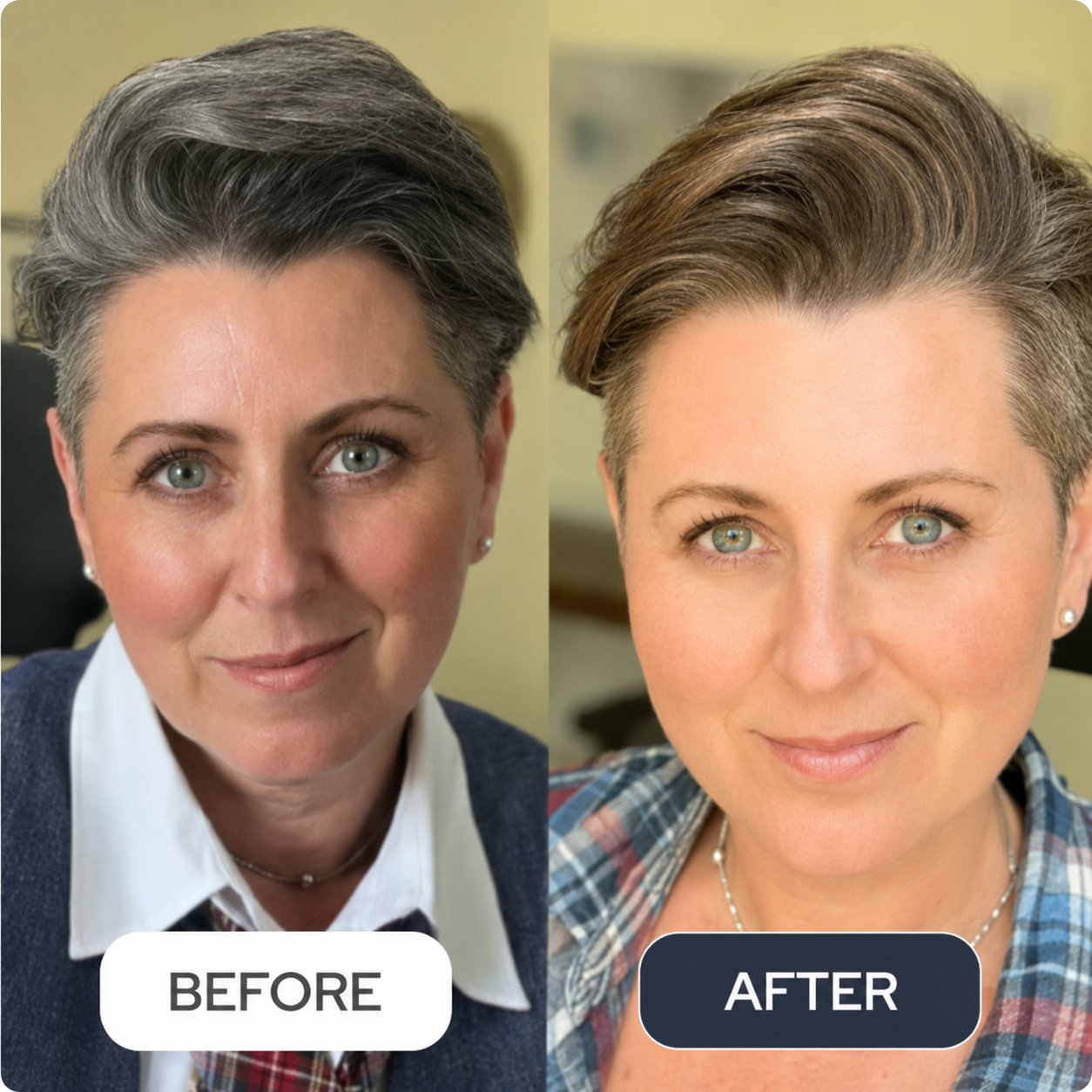 MEIDU customer before and after — gray hair transformed to natural brown