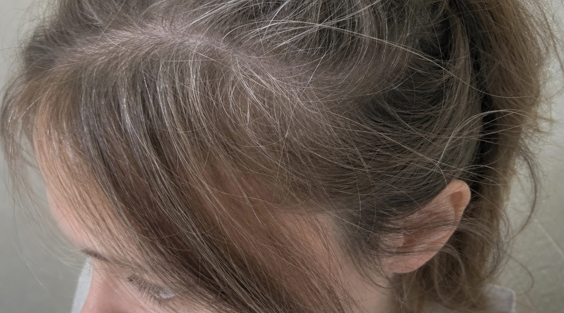Close-up of gray hairs at the roots.
