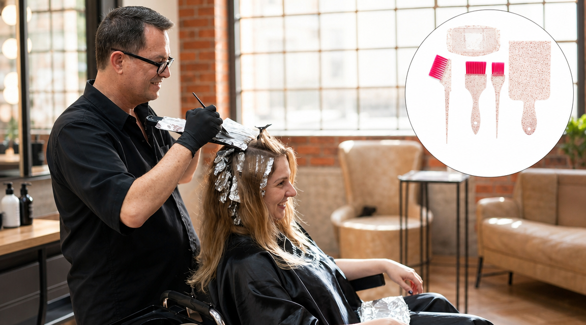 Salon chair, colorist applying color to roots.